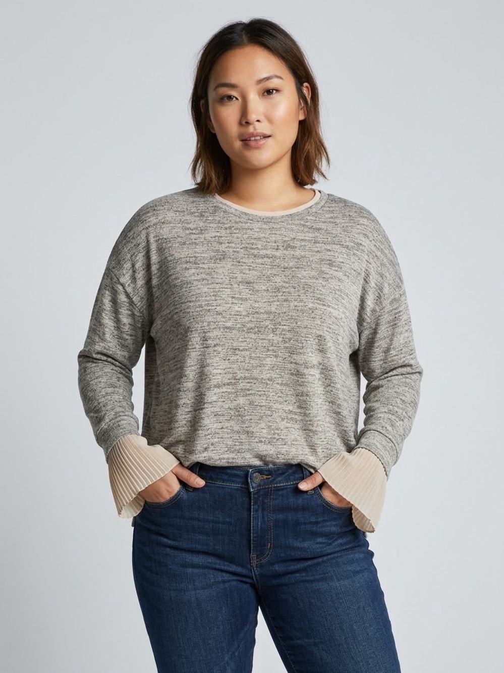 Zara Marled Light Gray Knit Top with Cream Pleated Cuffs